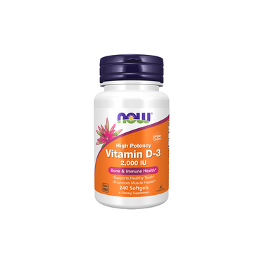Now Foods Vitamin D3 2000 IU (50 mcg), 240 softgels, supports bone and immune health.
